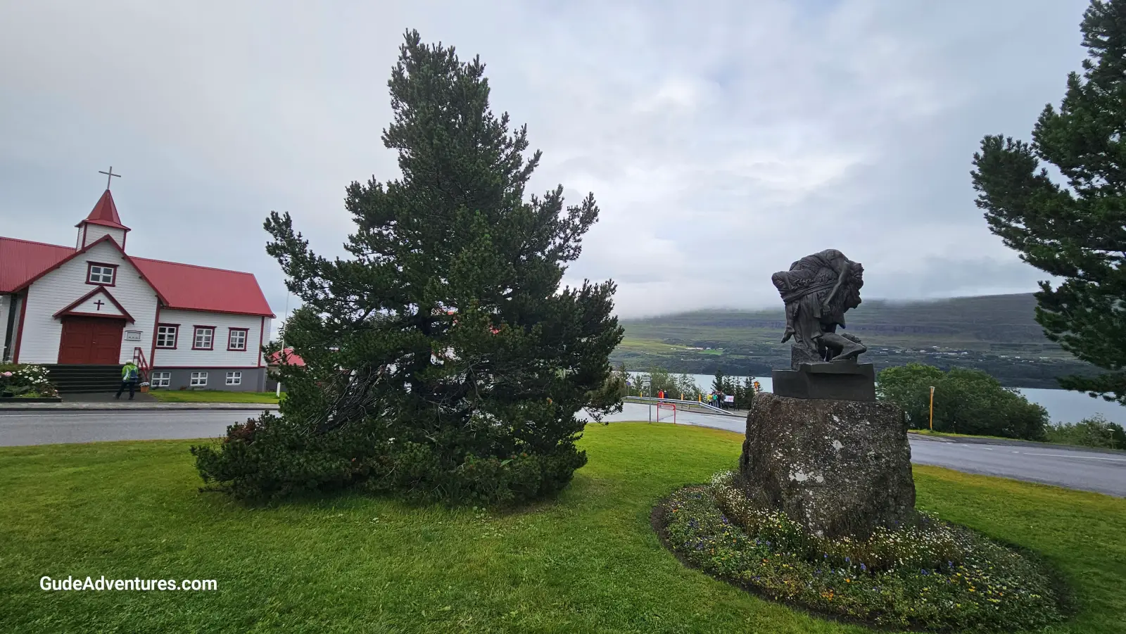 St Peter's Catholic church and Utlaginn sculpture of the exile.