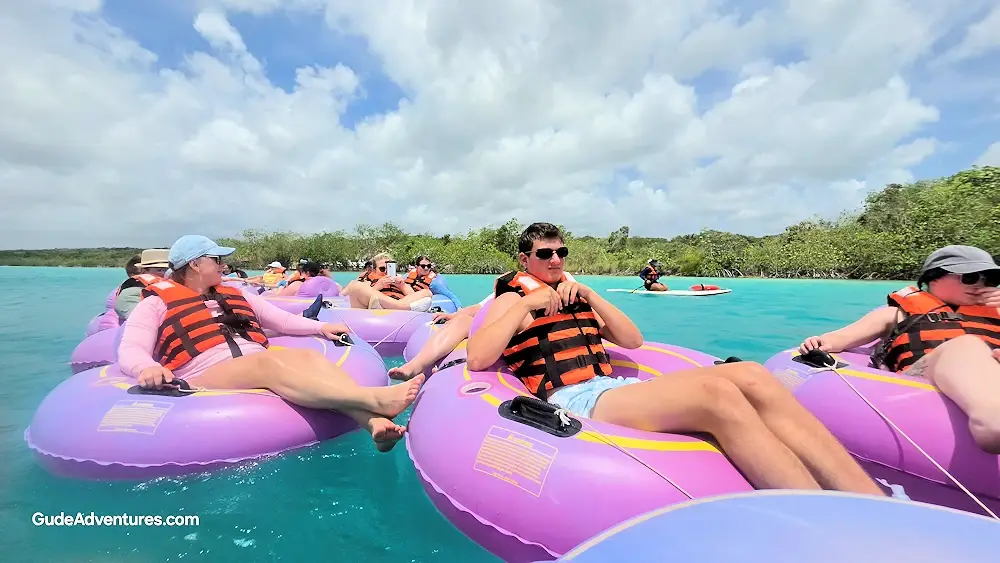 Tubing behind a both through the Bacalar lagoon.