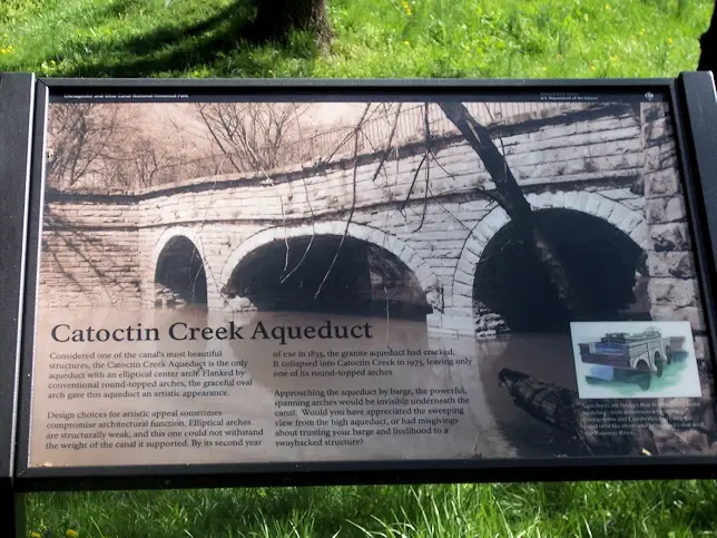 Historic marker regarding the Catoctin Creek Aqueduct where the C&O Canal crosses over the Catoctin Creek