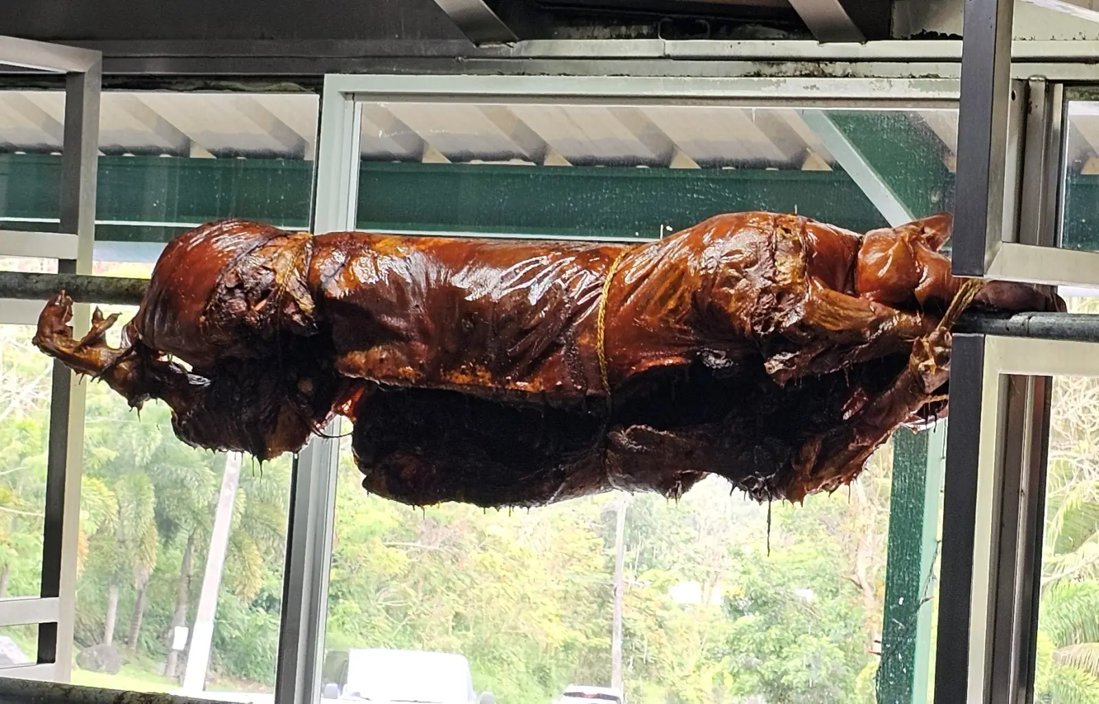 Pig roasting at a restaurant on the Pork Highway