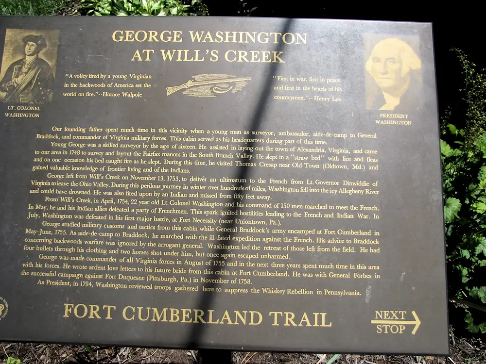 Historical marker on George Washington at Will's Creek