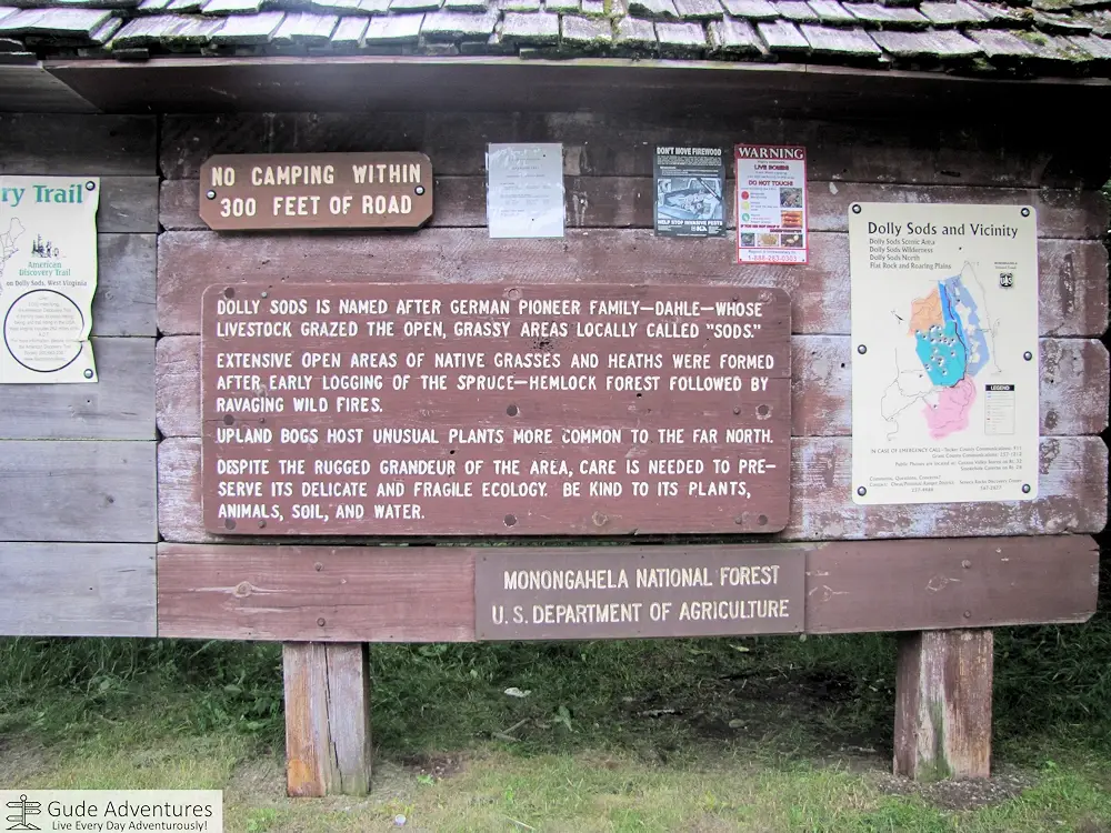 Monongahela National Forest sign about Dolly Sods
