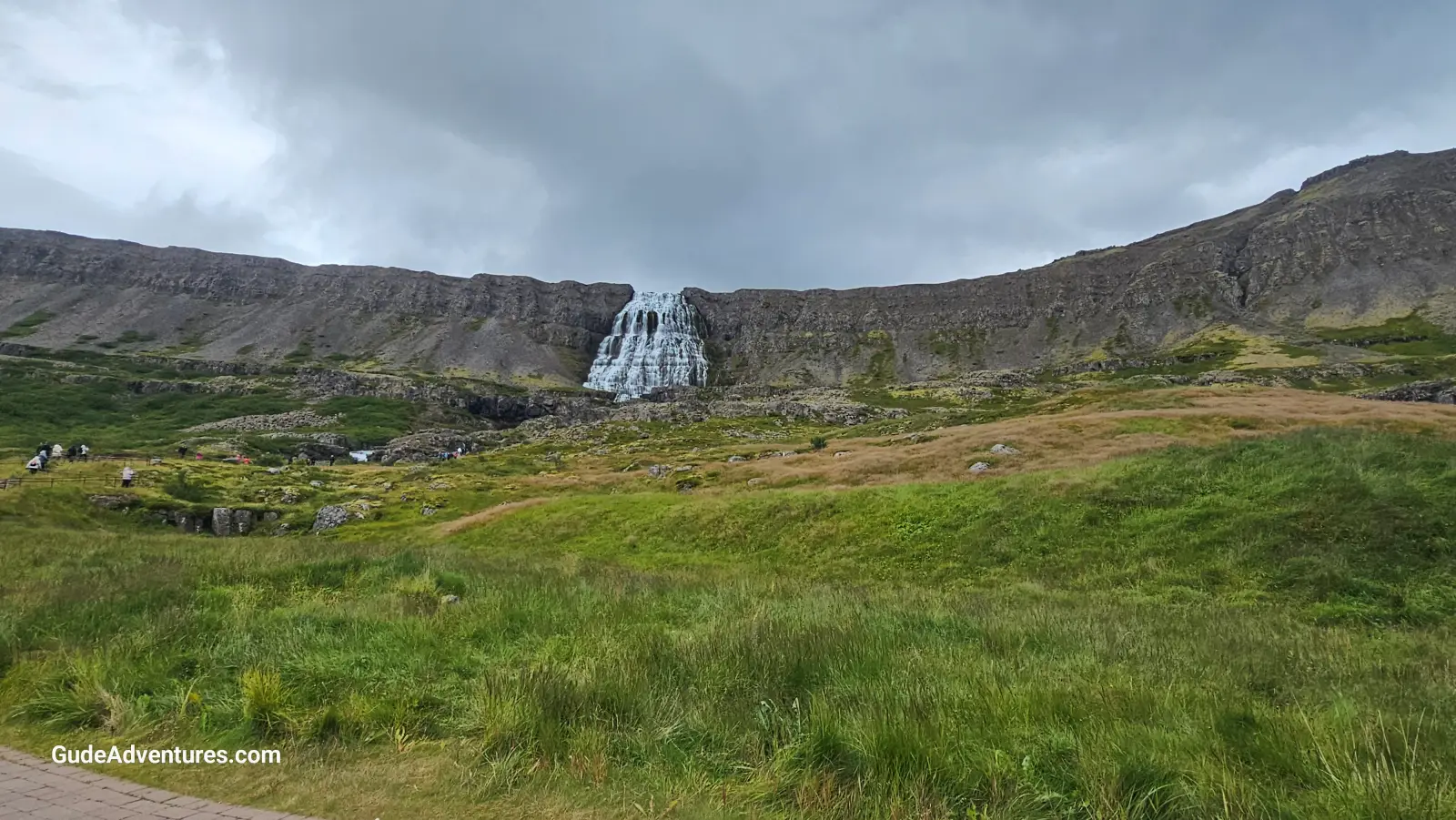 View of the Stompgljufrafoss waterfall from the Dynjandisvogur fjord.