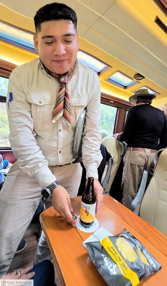Having a beer and snack on the train