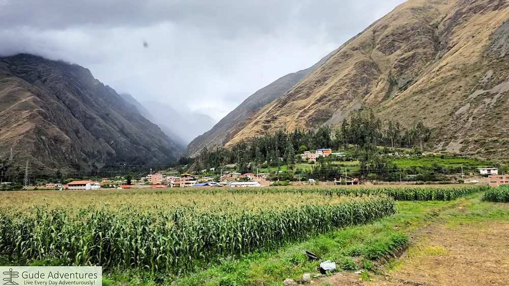 The train and Inca Trail follow the Urubamba River through the narrow valley