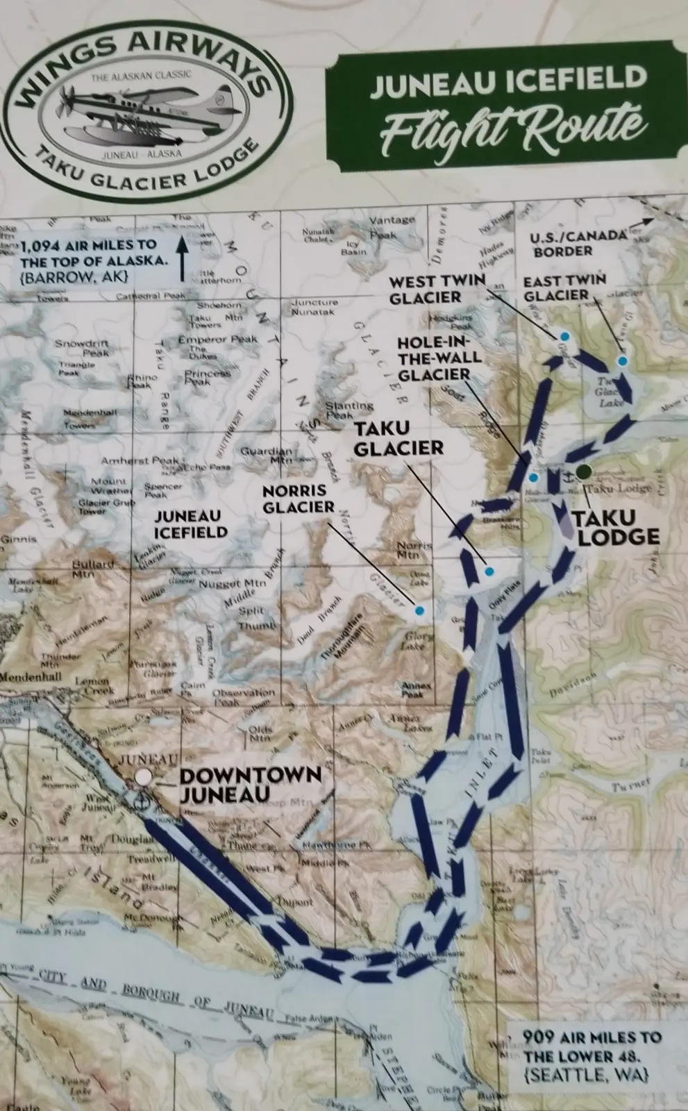 Map of the float plan flight over the glaciers.