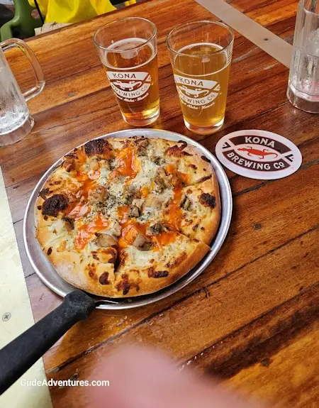 Kona beer and pizza.