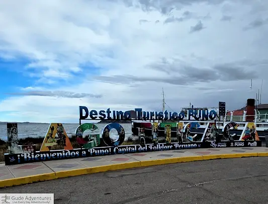 Lake Titicaca sign at the port in Puno