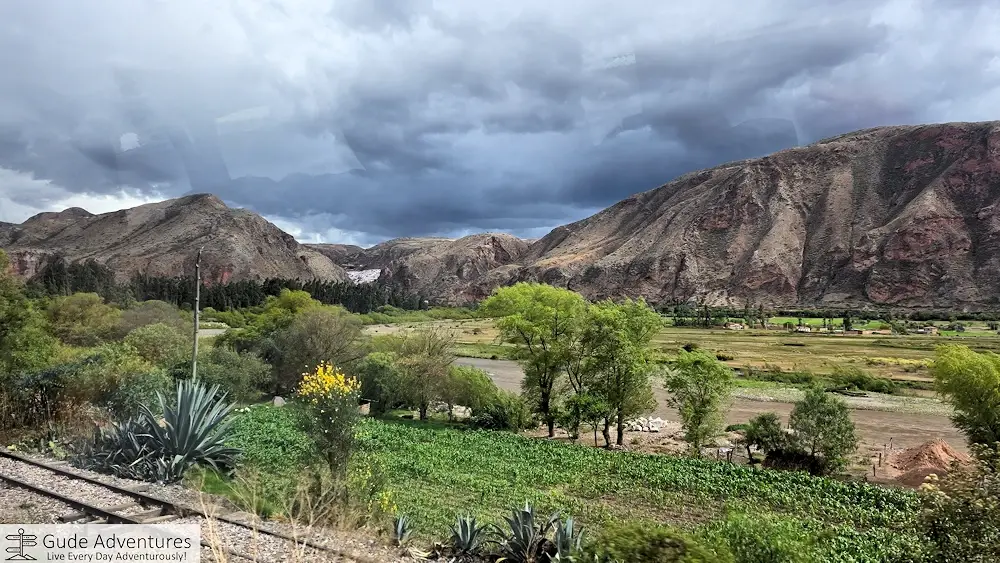 View towards the Maras Salt Mines from the Sacred Valley highway and rail line.