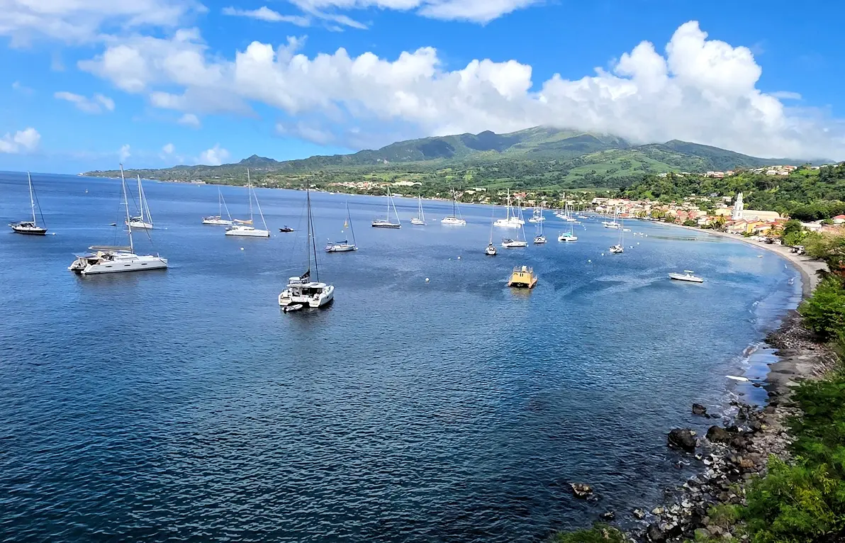 View of the town of Saint-Pierre with the Montagne Pelee volcano overlooking it.