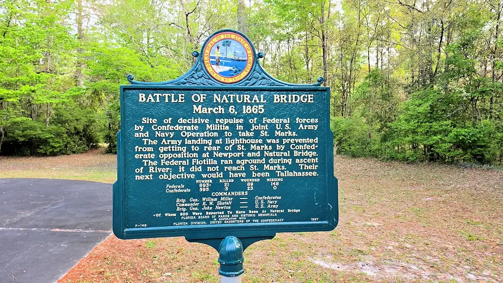 Historic marker about the Battle of Natural Bridge.