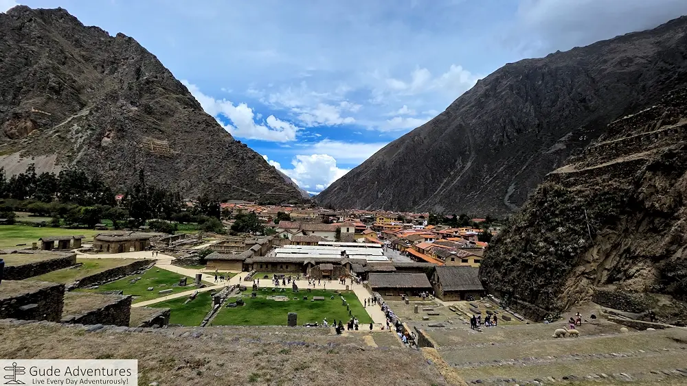 View of the city from the terraces of Ollantaytambo. The Pinkuylluna Mountain Storehouses are on the slopes of the mountain on the left.