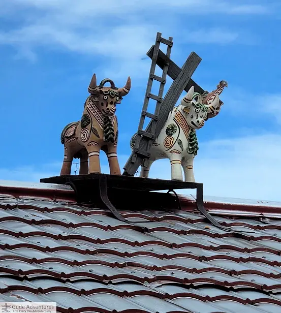 Torito de Pucará, or “Little Bull of Pucará” are seen on rooftops throughout Peru. The cross and ladder are thought to help ensure an easy passage into the afterlife.