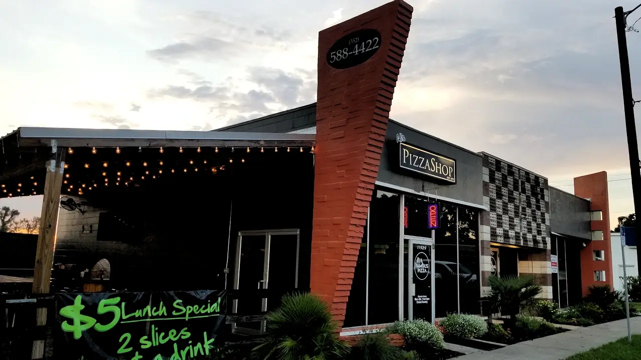 One of the older commercial buildings is now a pizza restaurant