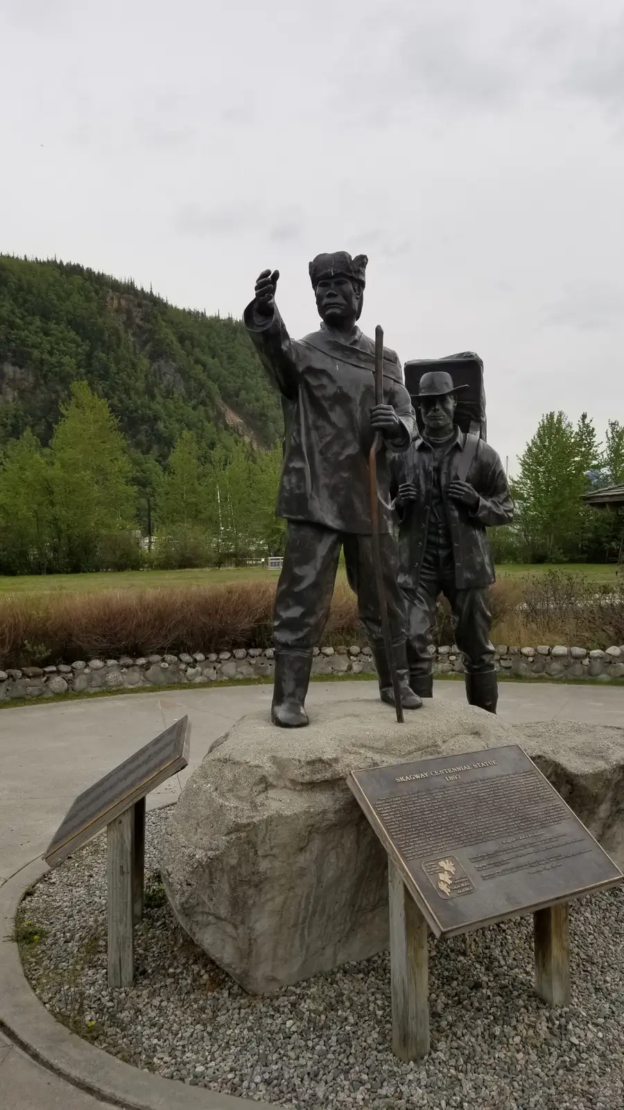 Statue of gold miners on the Chilkoot trail over White Pass