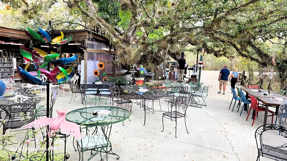Gift shop, outside dining area, and stage