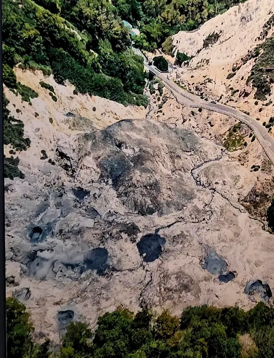 Aerial view of the sulphur spring in the Soufriere caldera