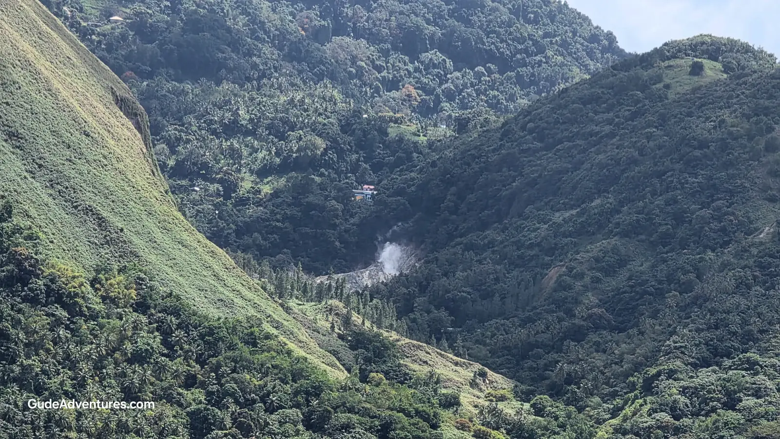View of the sulphur spring in the Soufriere caldera from the Beacon Restaurant
