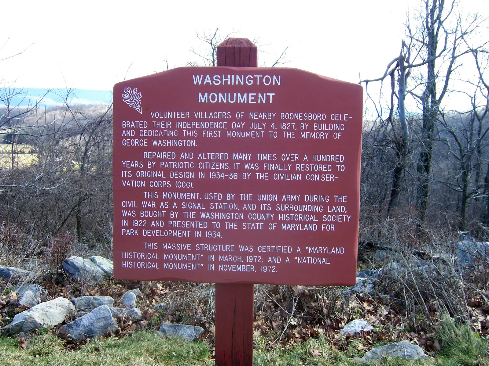 Washington Monument Information sign on South Mountain