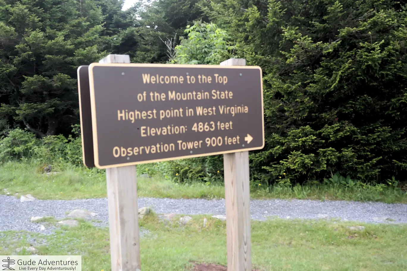 Sign near the top of Spruce Mountain stating that it is the highest point in West Virginia at 4863 feet