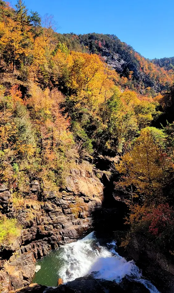 View of Hurricane Falls from the suspension bridge looking towards where Wallenda crossed the Talluah Gorge on a tightrope wire.