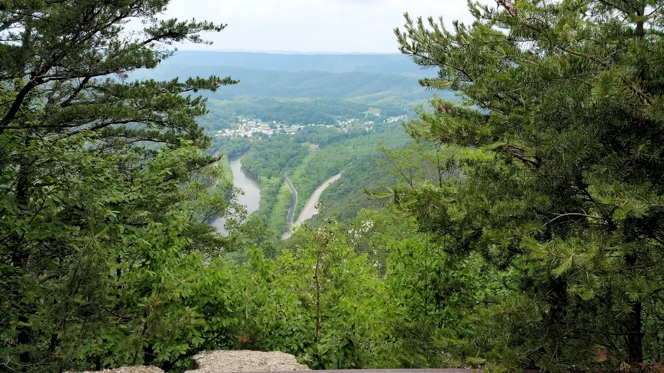 View of the Juniata River Valley from the mountain top at the Mapleton Overlook