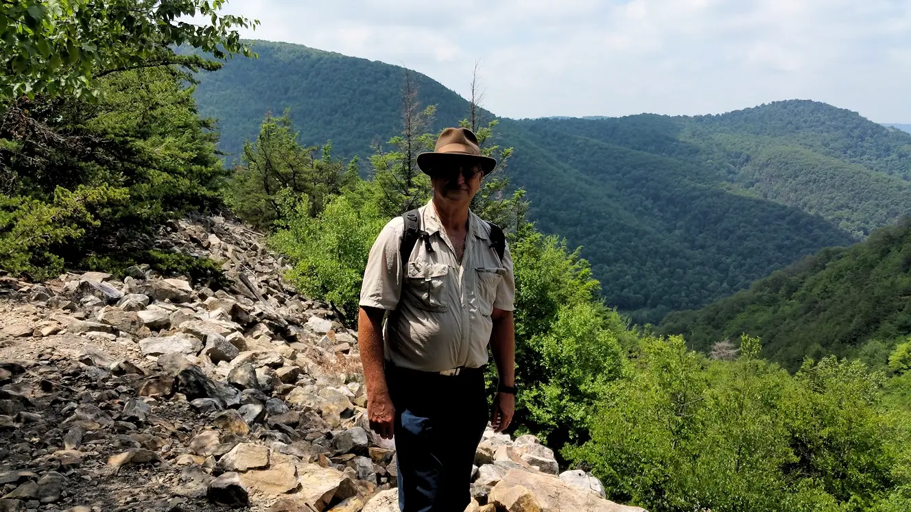 On the the Standing Stone Trail at the top of the mountain at the Mount Union Overlook