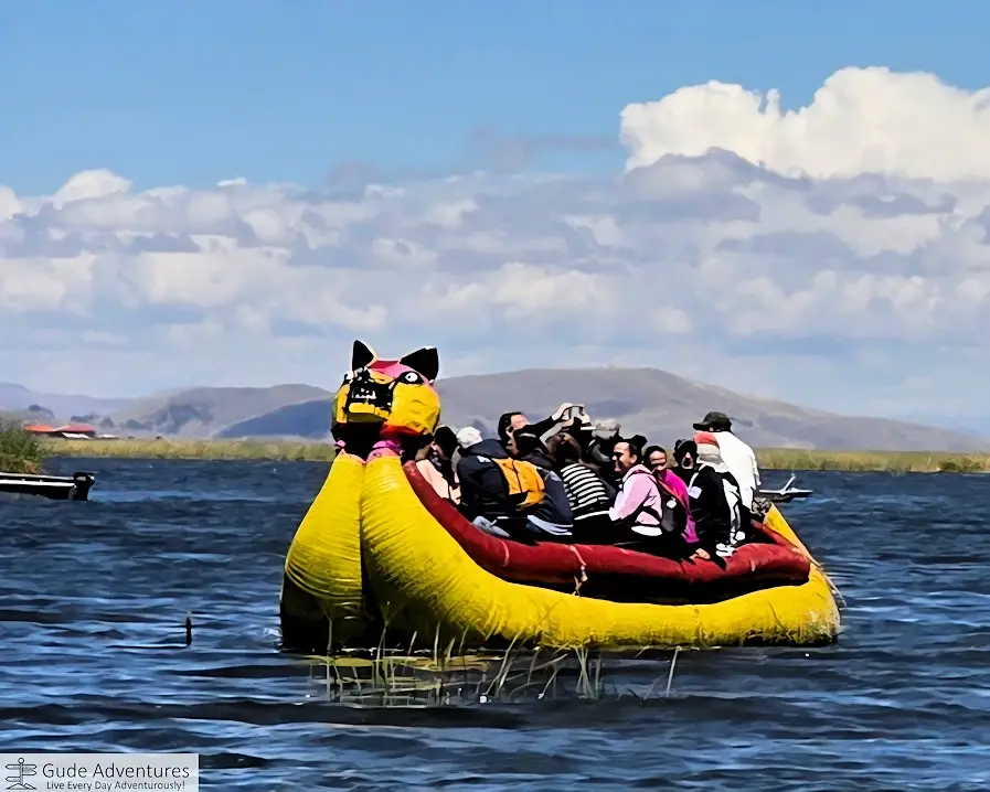 Taking a ride on one of the Uros reed boats