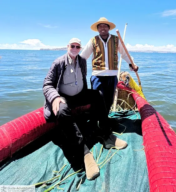 Riding on one of the reed boats with the island chief