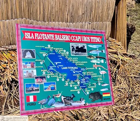 Map of the location of the floating islands on Lake Titicaca in Peru and Bolivia
