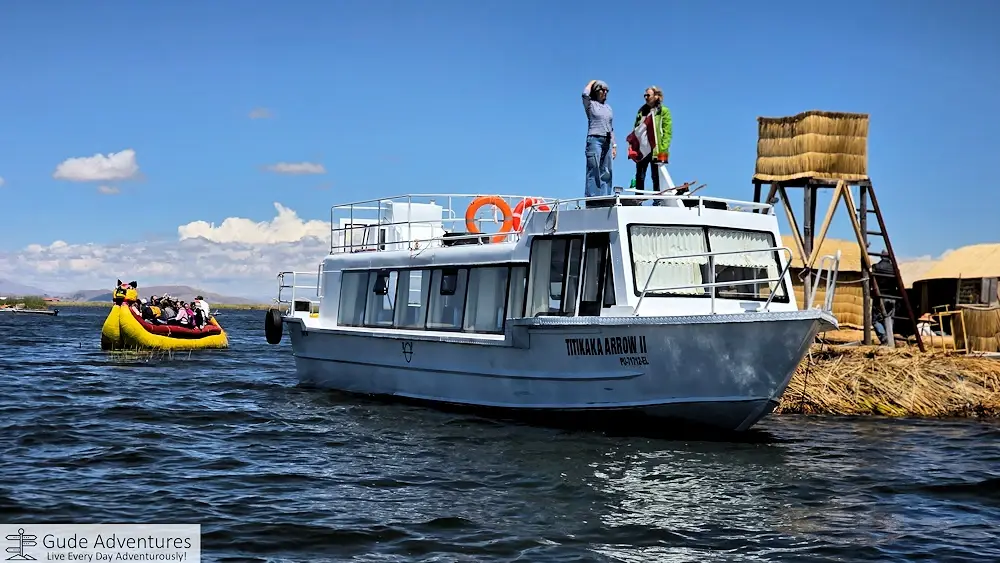 Arriving by boat to one of the Uros floating islands
