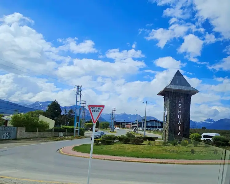 Traffic circle on the east end of the city of Ushuaia
