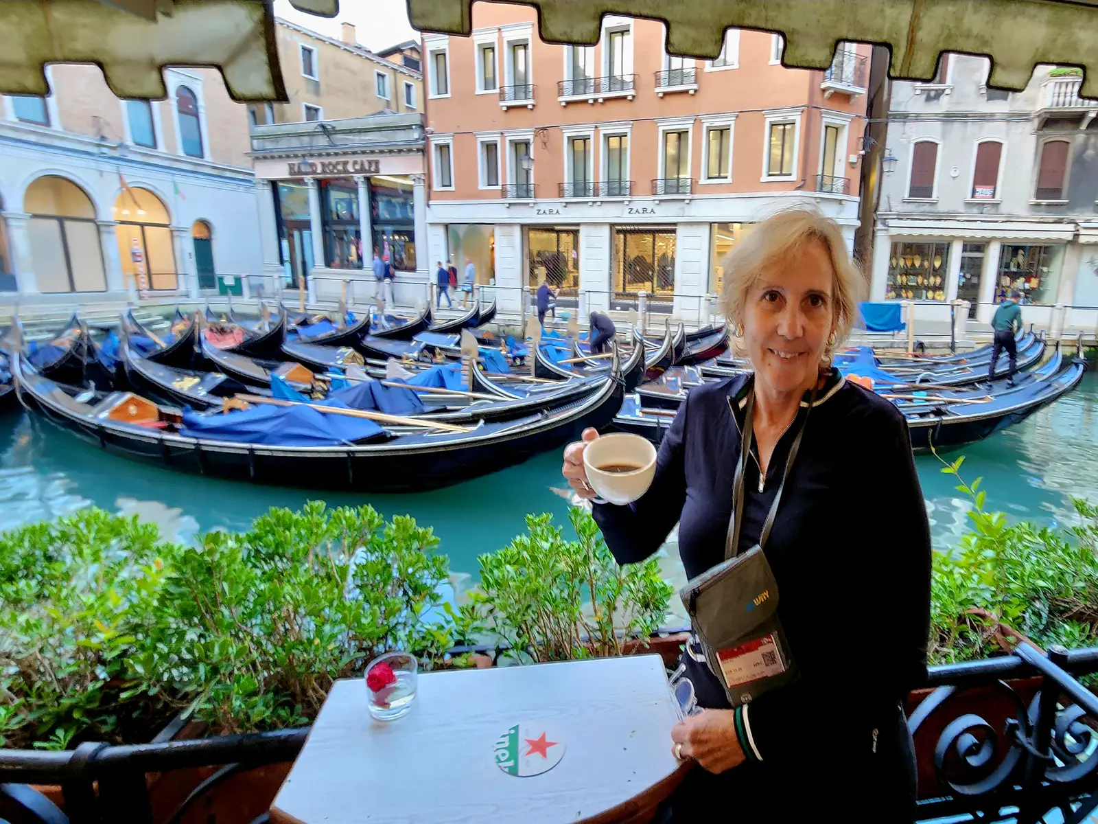 Morning coffee at the hotel overlooking the Gondolas in the Bacino Orseolo