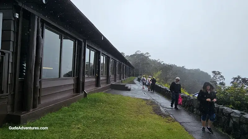 The Volcano House on the rim of the Kilauea volcano crater