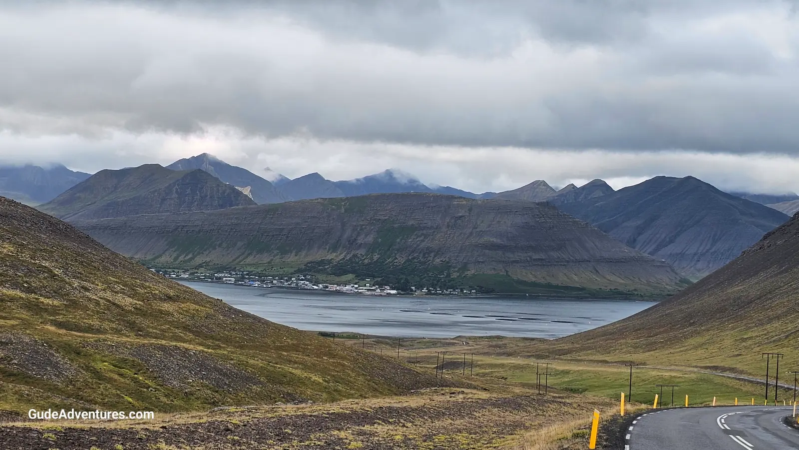 View from the mountains down to the town of Ísafjörður.